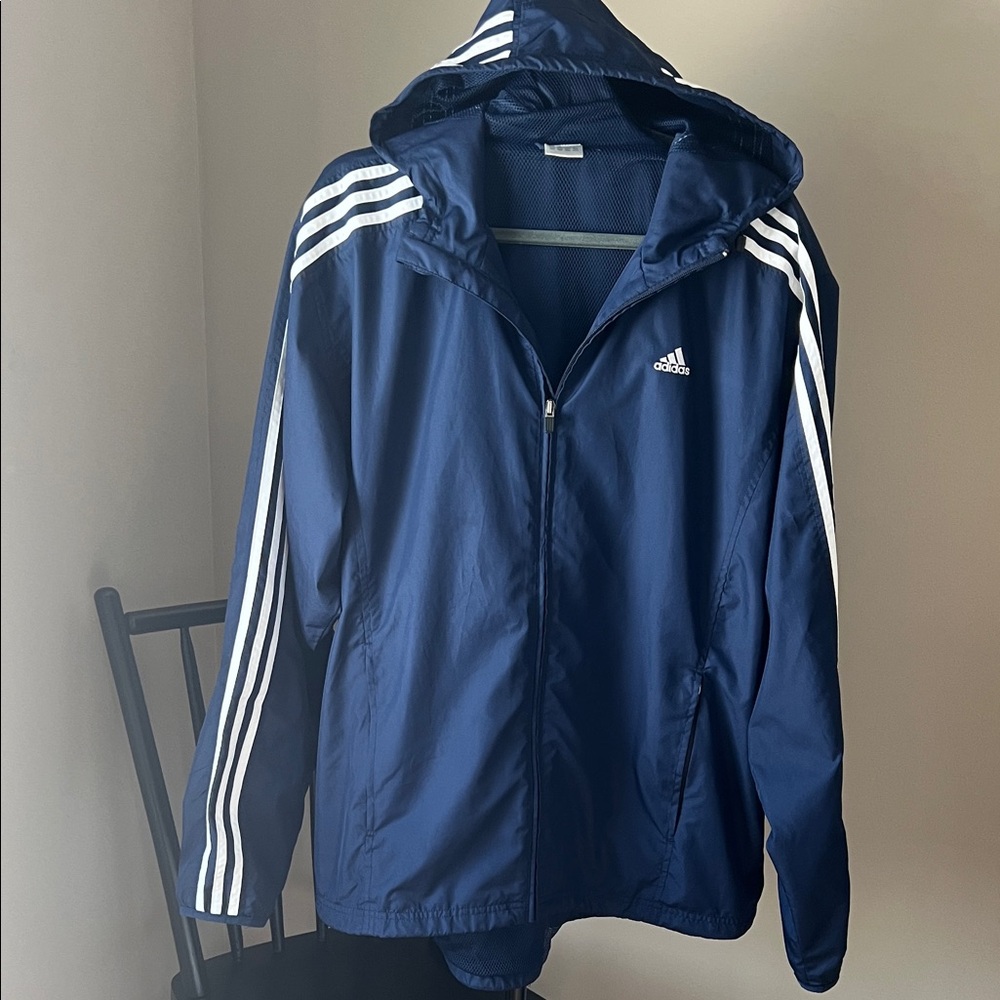 Adidas Men’s Navy Blue Hooded Windbreaker Jacket L 3 Stripe Mesh Lining Casual - Picture 2 of 6
